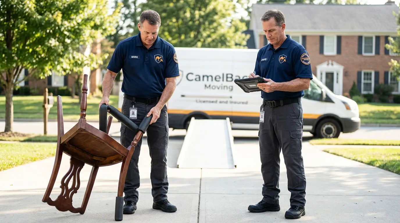 Movers inspecting furniture for damage prevention before loading in Buzzards Bay, MA