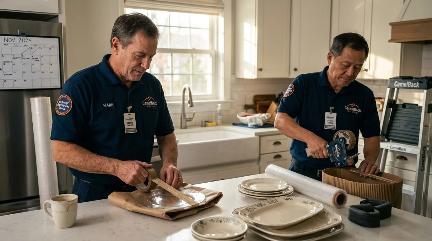 Professional crew packing kitchen dishware in Buzzards Bay, MA